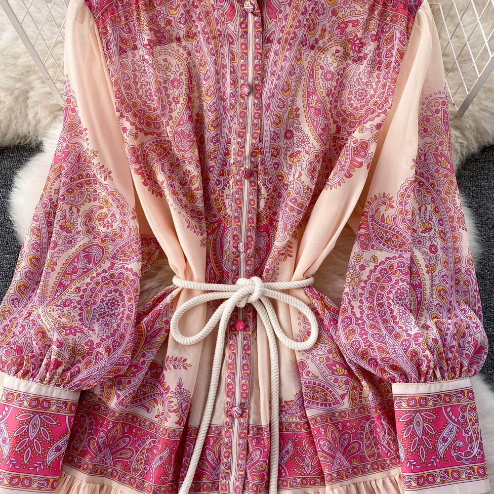 early spring new design: unique stand collar lantern sleeve printed dress - loose fit, slimming, flowy maxi dress