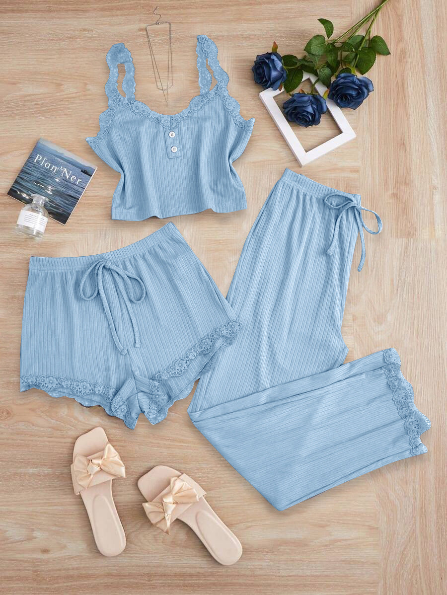 cross-border hot seller: new summer lace trim cami top, shorts, and long-sleeve women's pajama three-piece set - perfect for loungewear or light outings