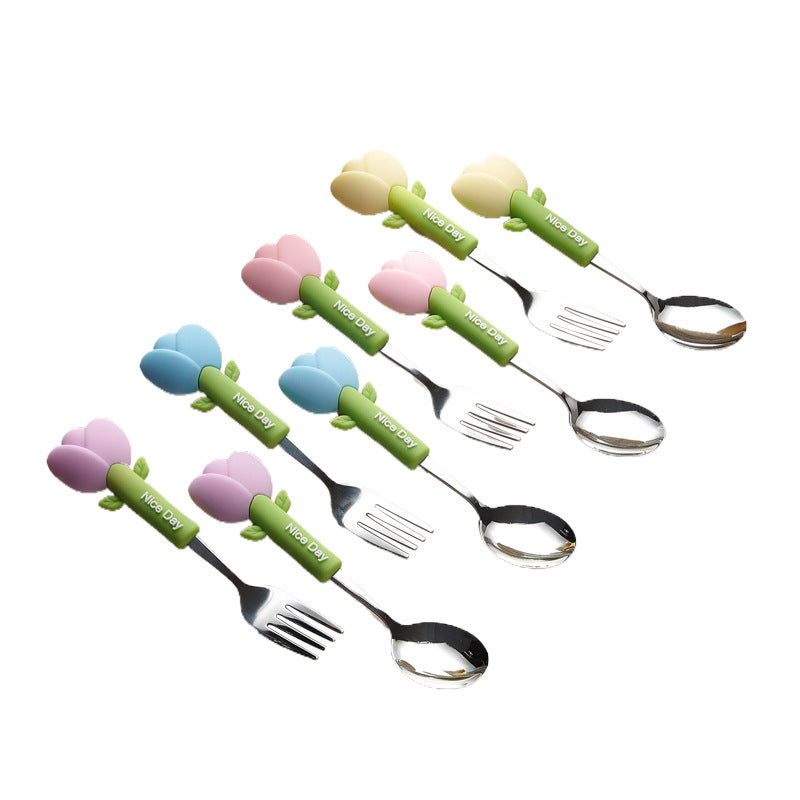 Cartoon tulip school portable 304 stainless steel cutlery set - cute dessert forks and spoons for kids