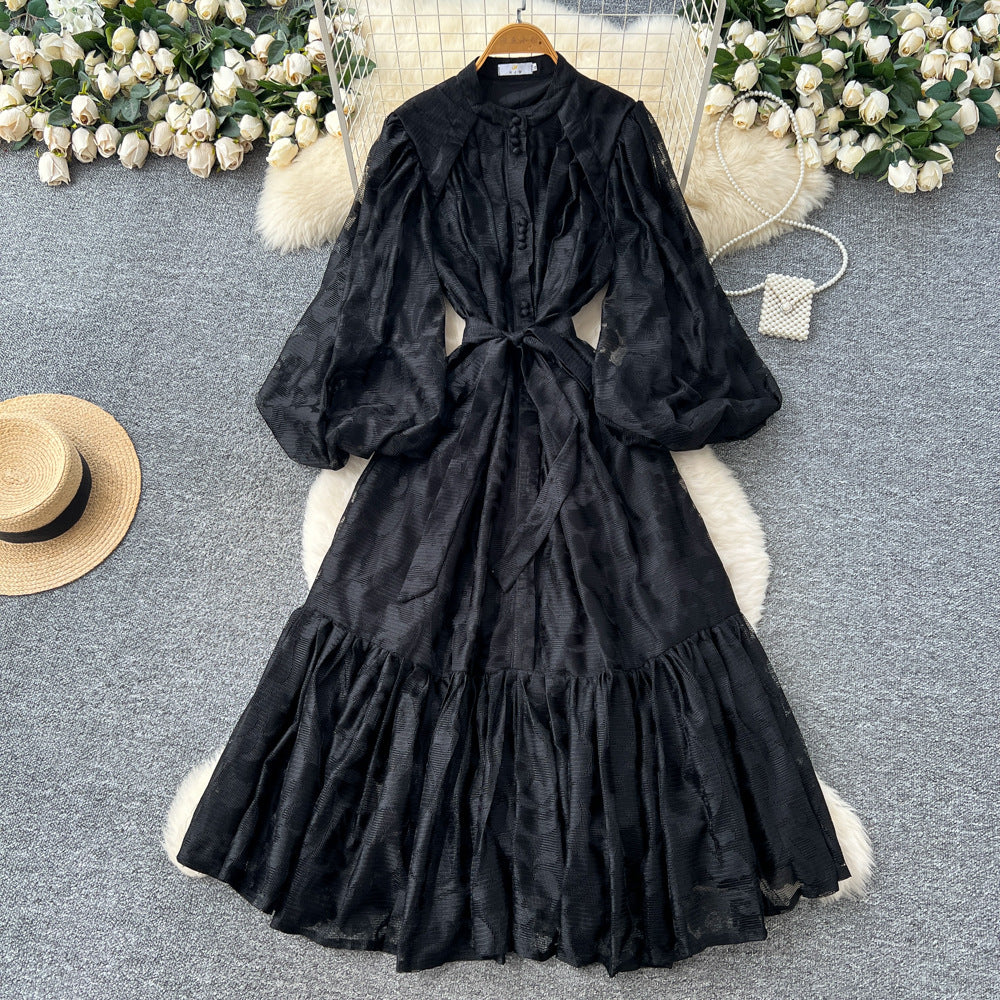French court style dress - women's autumn collection  - new high-end design with tie waist, lantern sleeves, and lace maxi skirt