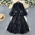 French court style dress - women's autumn collection  - new high-end design with tie waist, lantern sleeves, and lace maxi skirt