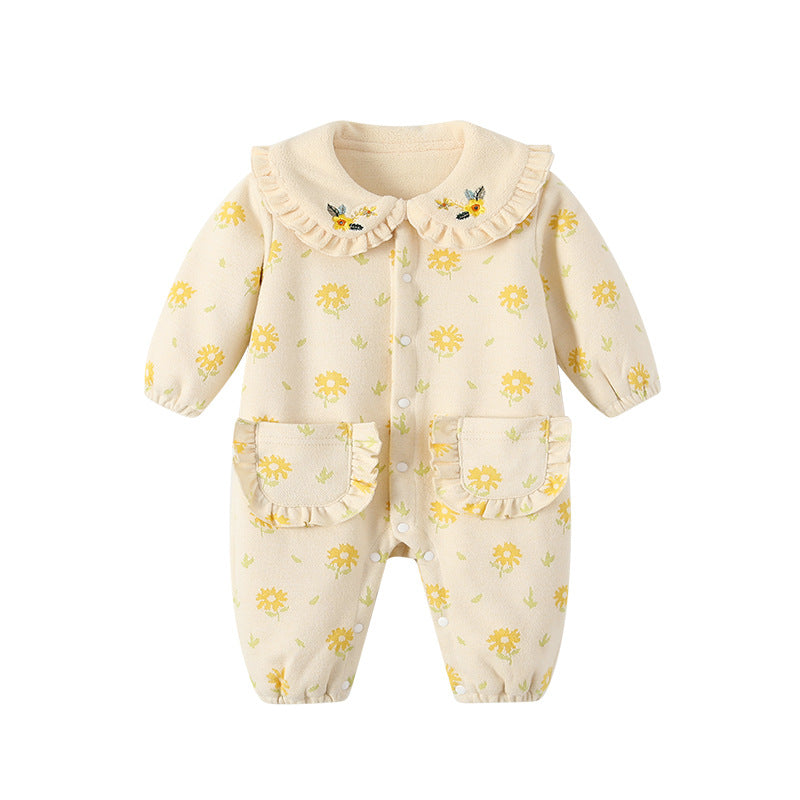 Baby clothes  new infant rompers autumn and winter pastoral style lapel embroidery rompers infant and toddler clothing