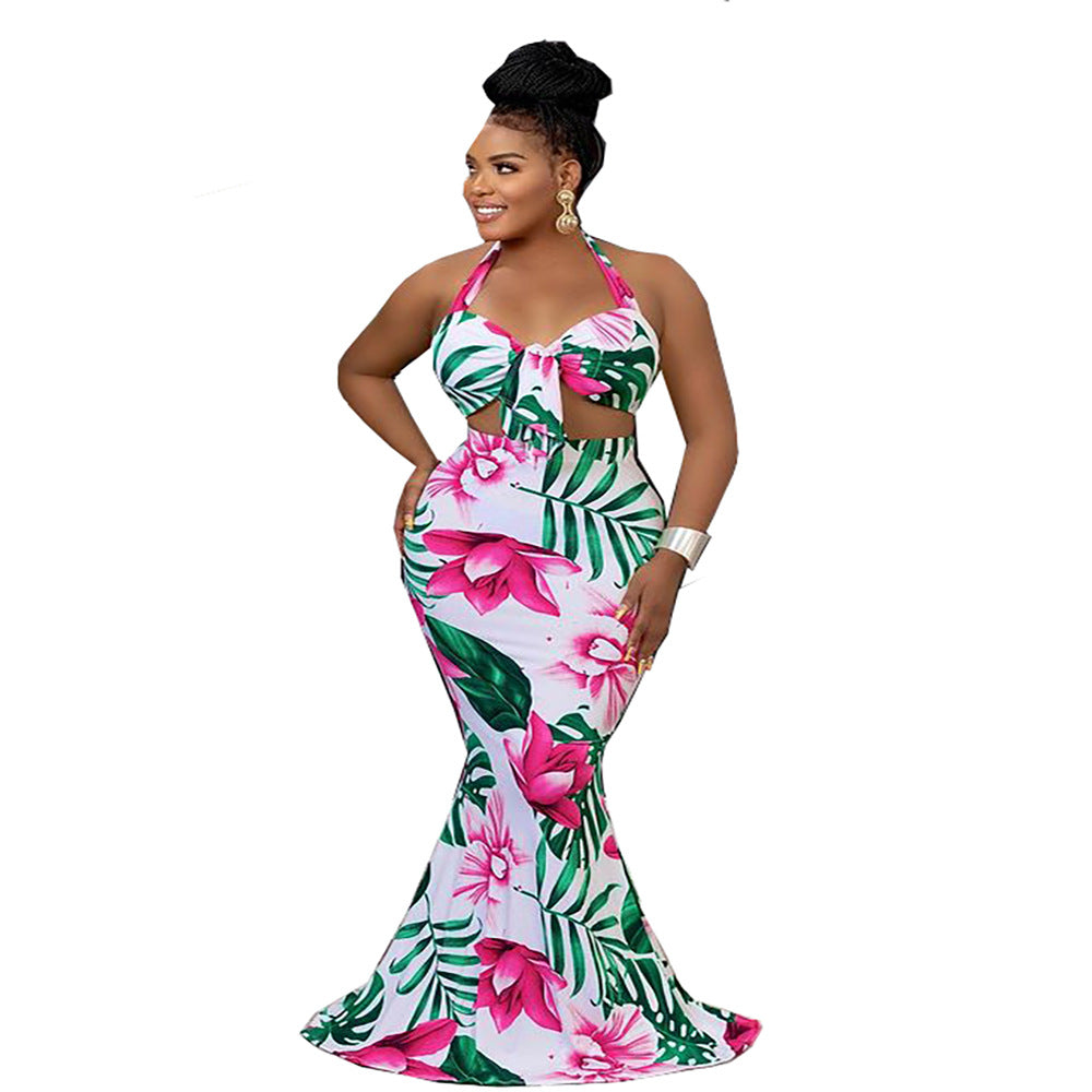 A20306 european and american cross-border women's fashion  sexy printed tie-up bandeau top + ruffle skirt 2-piece set