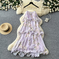 French riviera style purple floral sleeveless dress - women's summer ruffle tiered maxi dress - slimming and elegant