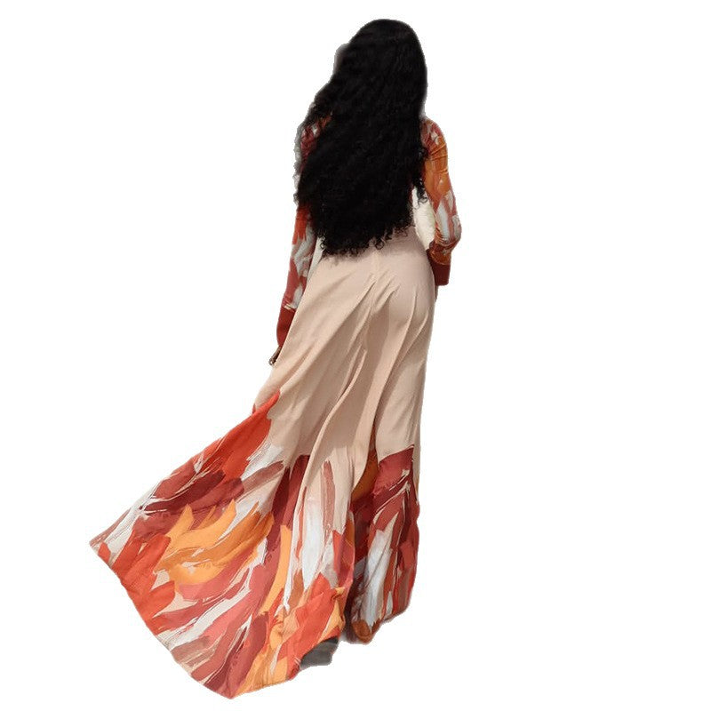 European and american style ins cross-border slimelegant women's round neck color matching a-line skirt waist long sleeves accessible luxury spring & falldress