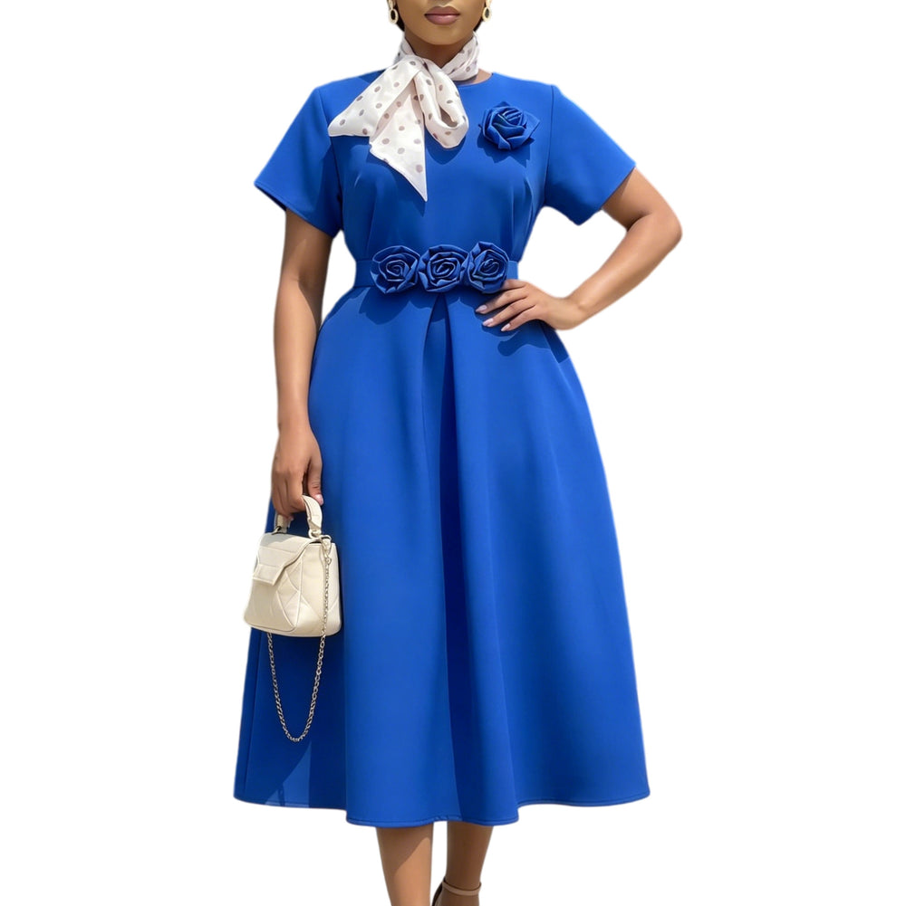 D627 women's foreign trade  summer new round neck short sleeve 3d floral large skirt elegant african dress