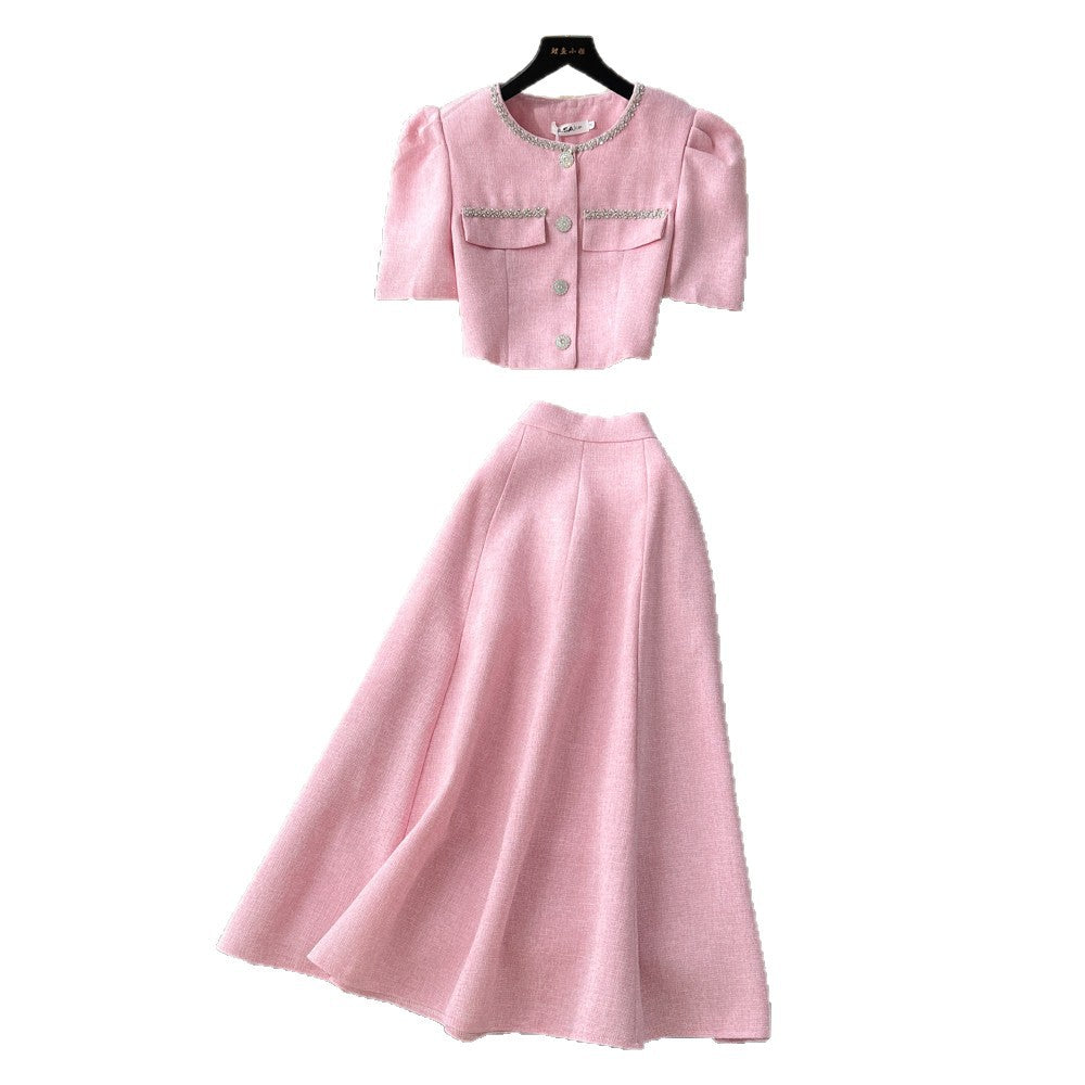 Gentle socialite style diamond-encrusted small fragrance two-piece set female autumelegant puff sleeve topshigh waistslimming look skirt suit