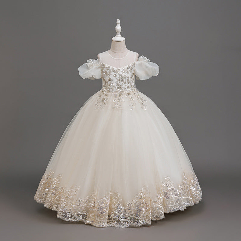 Yimingzhi girls' formal dress - off-the-shoulder, elegant flower girl dress for runway shows and piano performances - ready-to-ship cross-border fashion