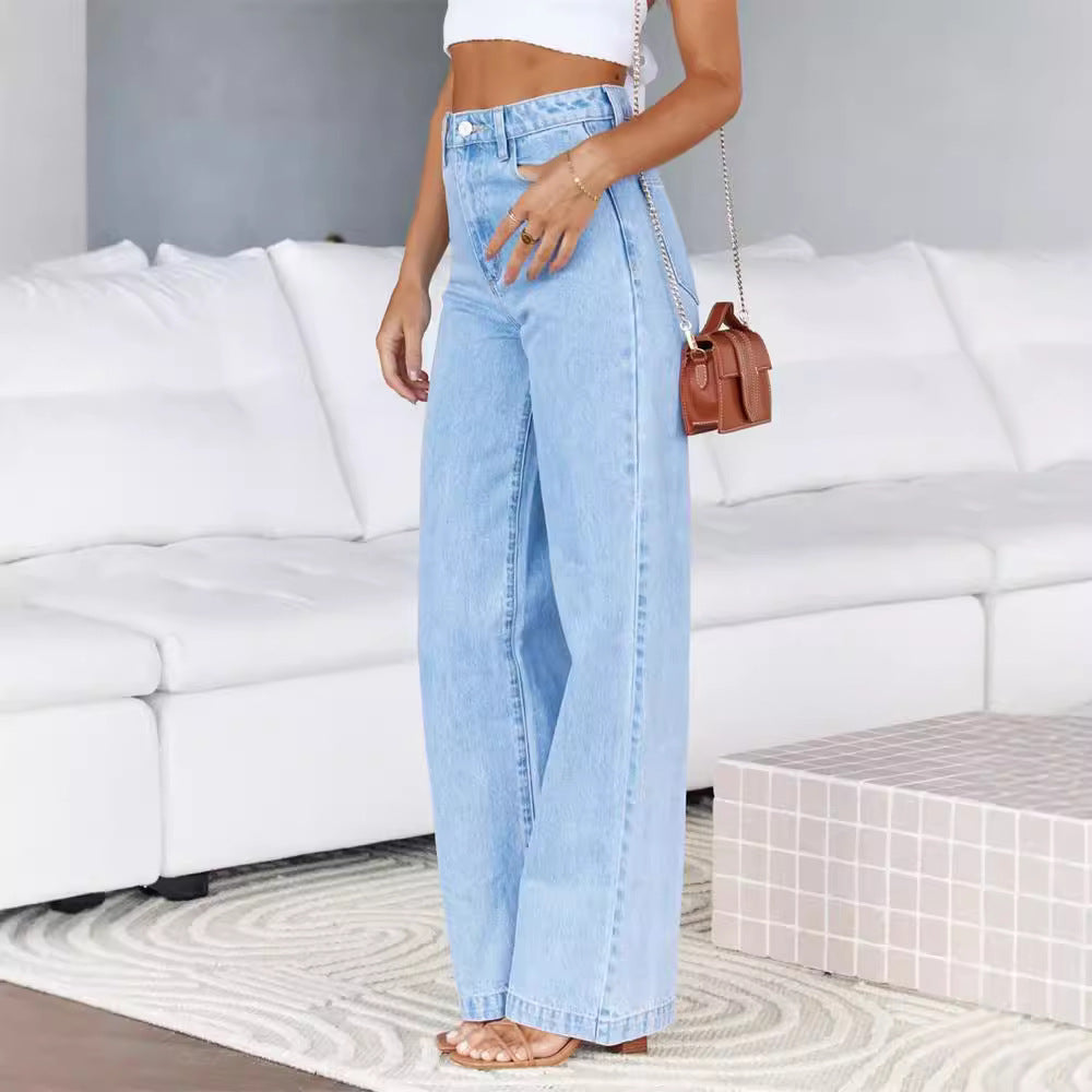 women's jeans:   hot-selling european and american style elegant commute wide-leg jeans, washed stretch denim