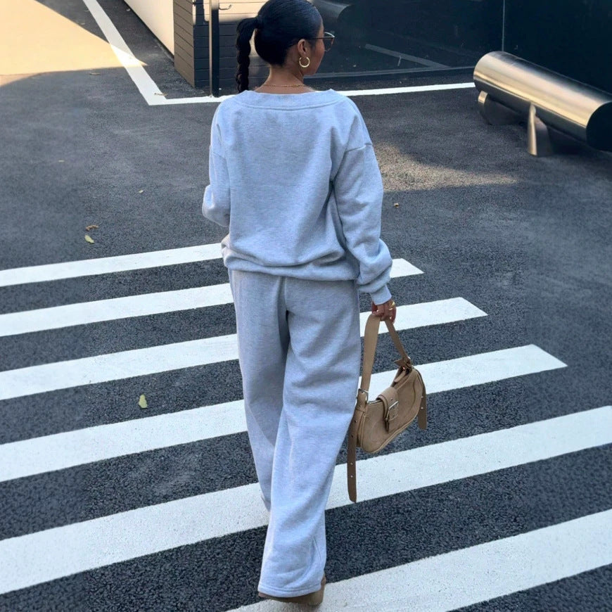 fashion cross-border women's suit v neck printing loosesweatshirt wide leg sweatpants two-piece set