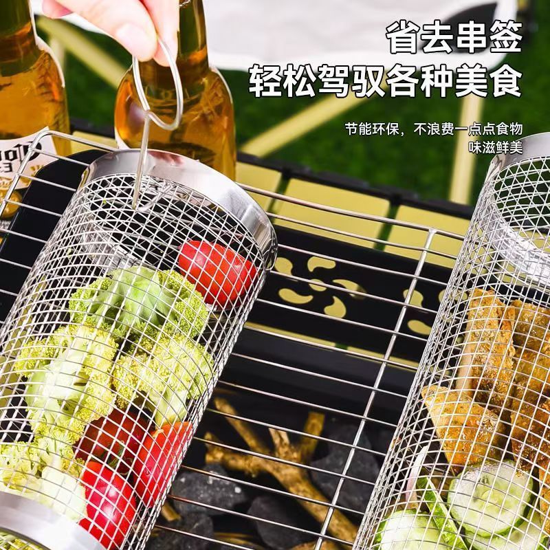 wholesale roasting cage stainless steel barbecue cage outdoor portable camping style picnic barbecue grill rotating rolling barbecue net