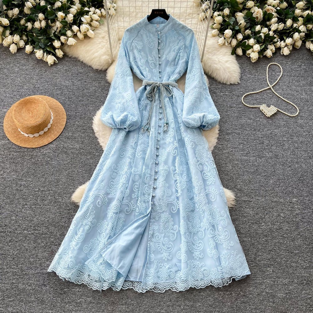 French romantic stand collar lantern sleeve lace dress - women's summer slimming a-line maxi dress - elegant and chic