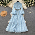 French romantic stand collar lantern sleeve lace dress - women's summer slimming a-line maxi dress - elegant and chic
