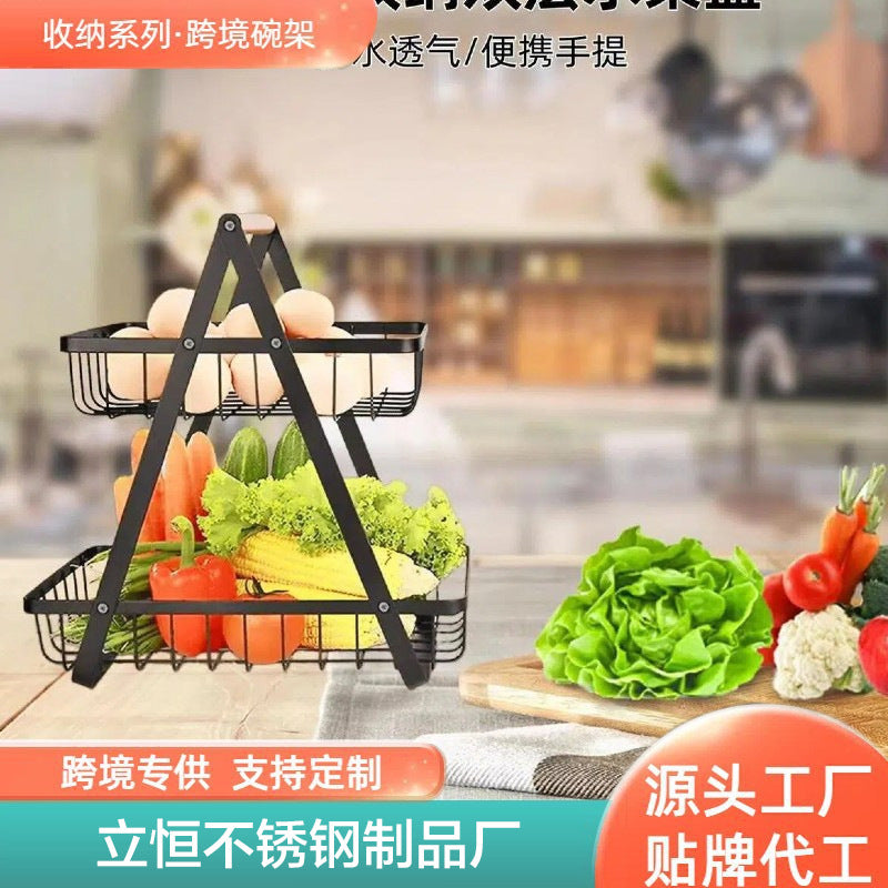 Cross-border double-layer wrought iron fruit and vegetable basket household kitchen fruit storage shelf modern living room desktop fruit basket metal