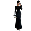cross-border solid color color block crew neck long sleeve slim fit long elegant dress