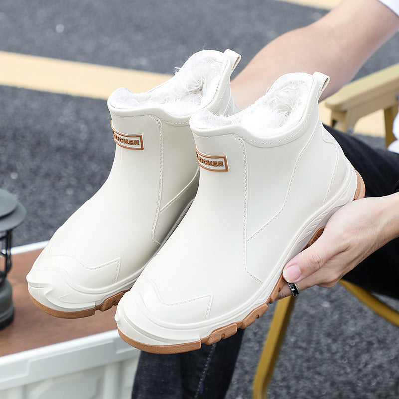 Men's rain boots - autumn/winter outdoor fishing waterproof short boots - men's non-slip kitchen/takeout water shoes - fleece-lined cotton boots