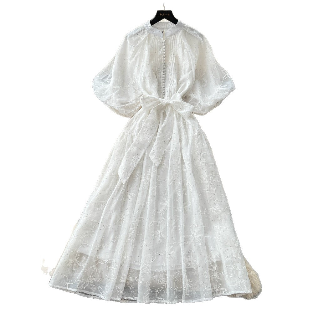 French yellow lace embroidery short sleeve dress women's summer high waist a-line dress commuter elegant long dress