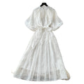 French yellow lace embroidery short sleeve dress women's summer high waist a-line dress commuter elegant long dress
