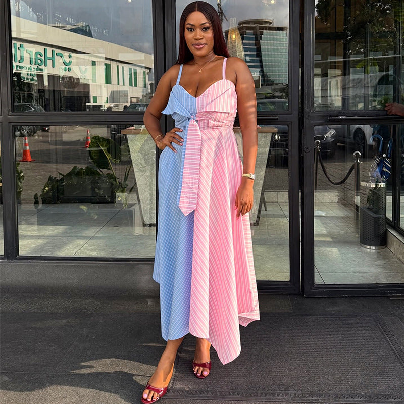 European and american cross-border women's fashion:  autumn new arrival - elegant striped high-waisted irregular strap dress with unique design