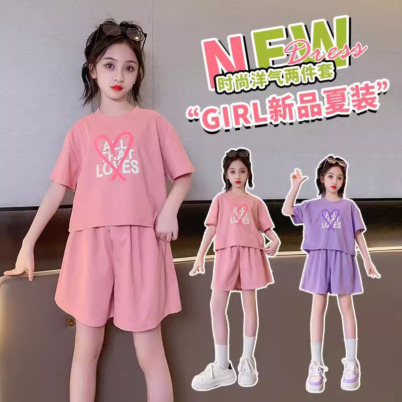 Girls' summer outfit set : stylish kids' active shorts, trendy two-piece set for girls (mid-to-large size)