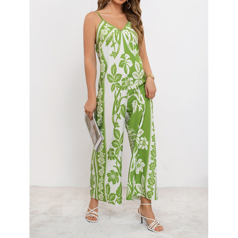 code new arrival  women's original fashion tropical floral v-neck cami jumpsuit