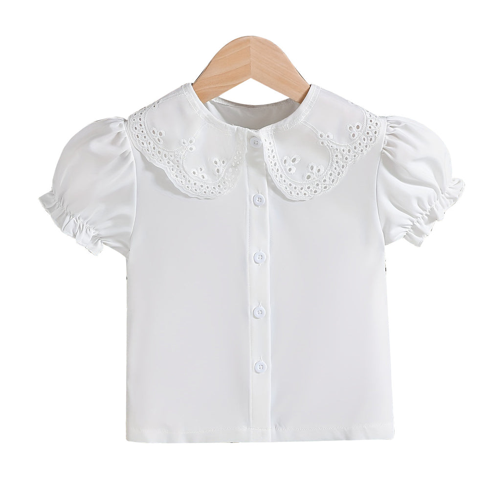 Summer girls' blouse - cross-border supply - pure white peter pan collar puff sleeve cute t-shirt top for young children