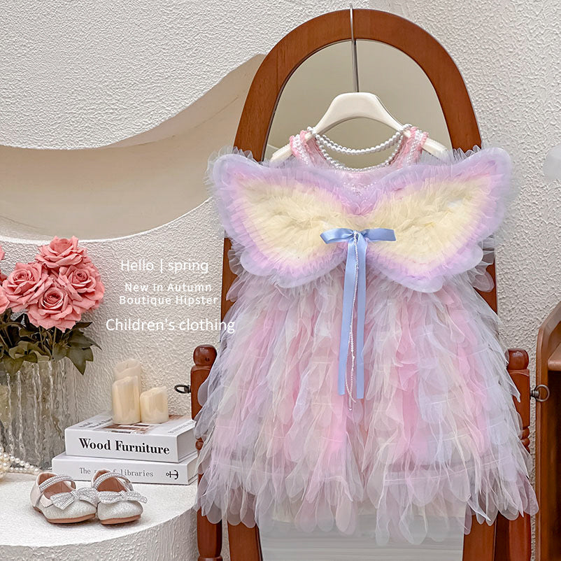 summer girls' dress - kids' rainbow winged gown tulle skirt puffy princess dress - clearance sale (limited sizes available)
