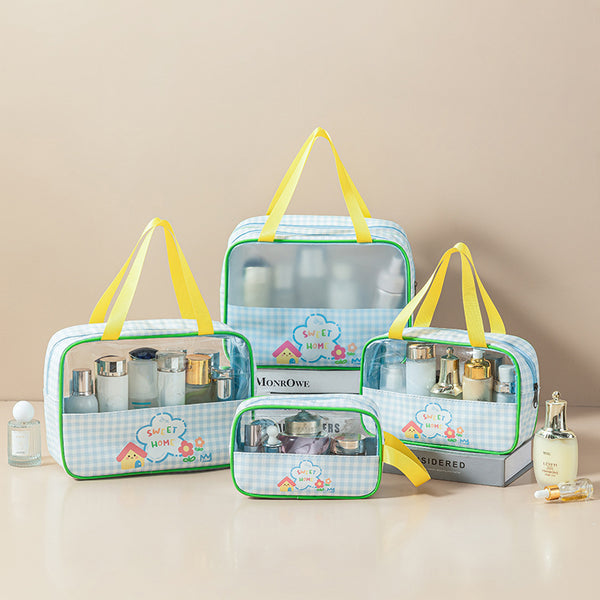 Transparent plaid toilet bag, cute PVC cosmetic bag, double-layer wet and dry separation storage bag, waterproof travel beach bag.