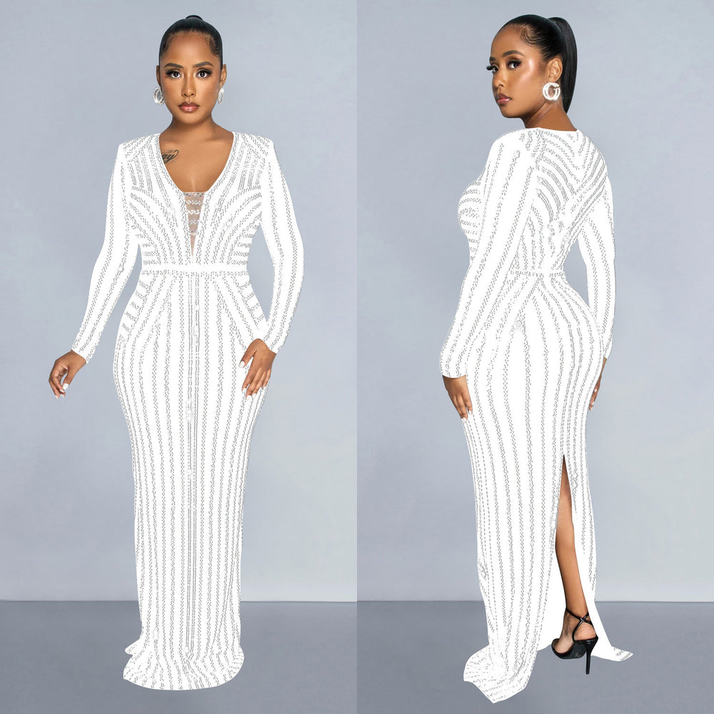 C6809 cross-border   fashion women's solid color rhinestone long sleeve slit maxi dress