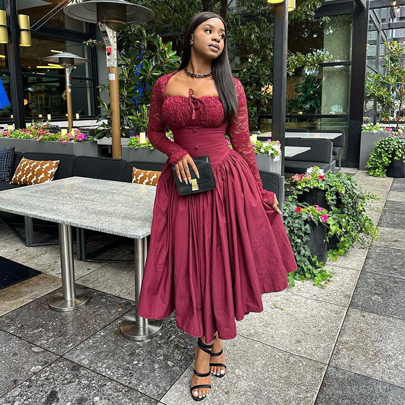 European and american cross-border women's fashion:  summer new arrival - elegant square neck lace long sleeve cinched waist solid color midi dress