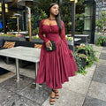 European and american cross-border women's fashion:  summer new arrival - elegant square neck lace long sleeve cinched waist solid color midi dress