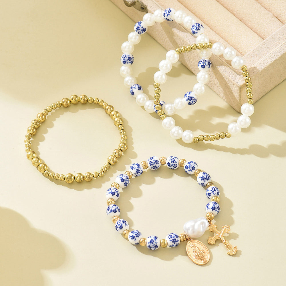 Wholesale blue and white porcelain beaded bracelets - european and american cross-border retro chinese style personalized faux pearl cross pendant jewelry