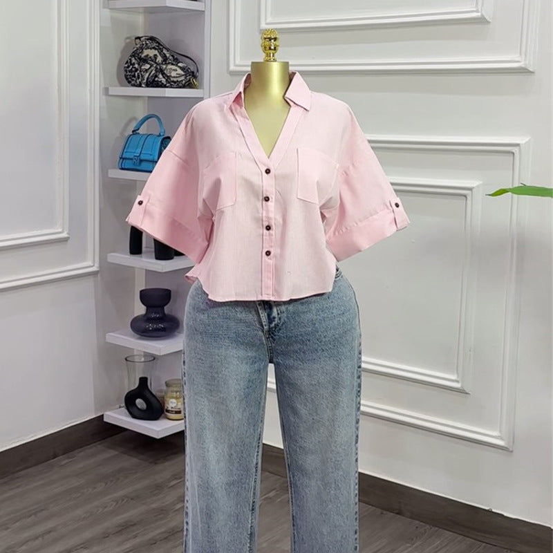 European and american cross-border women's fashion:  summer new arrival - designer turn-down collar, loose fit, versatile, and stylish cropped shirt top