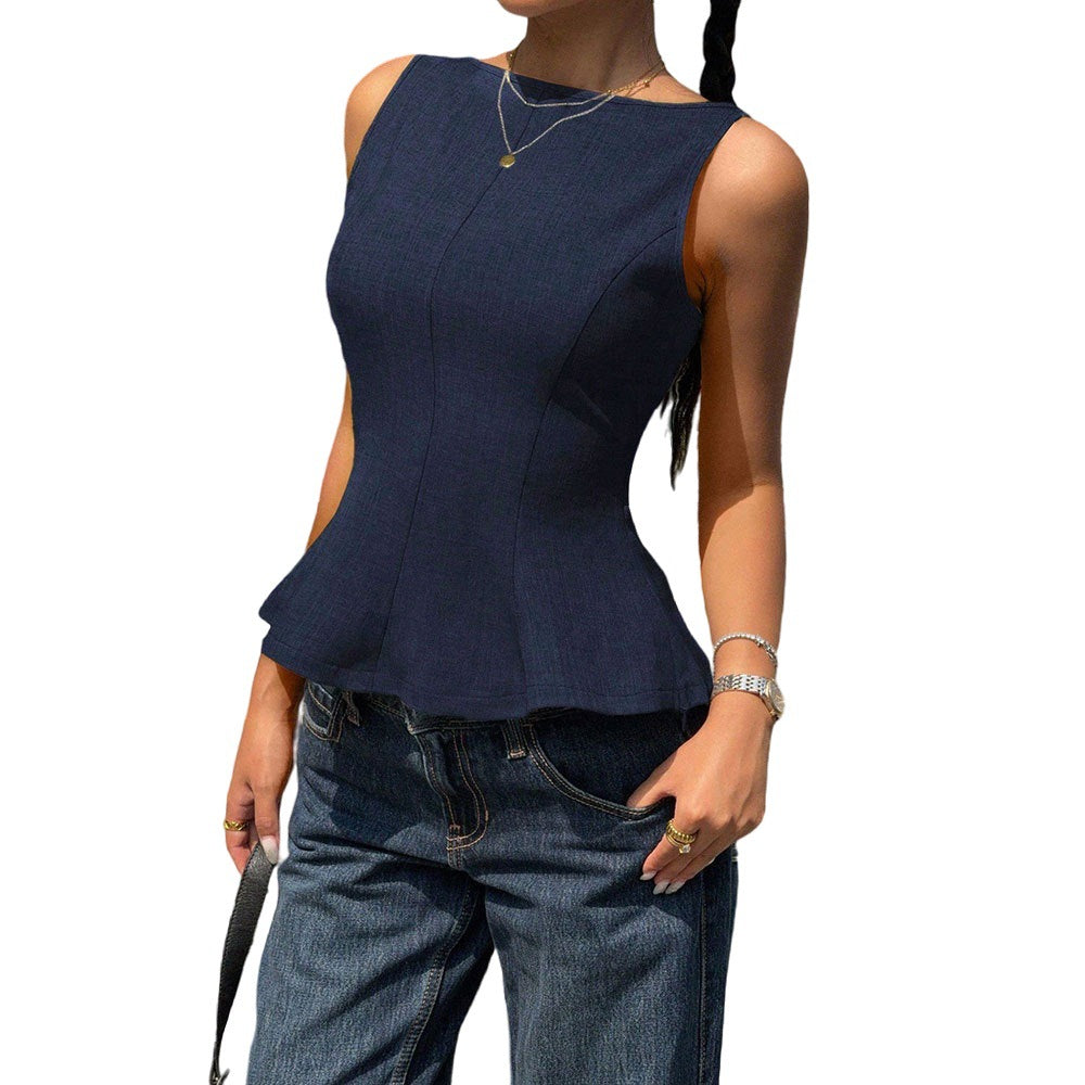 Sleeveless, cinched-waist top for women, featuring a ruffled hem, open back with a bow tie closure. a versatile, ready-to-ship piece perfect for everyday wear. ships within 24 hours