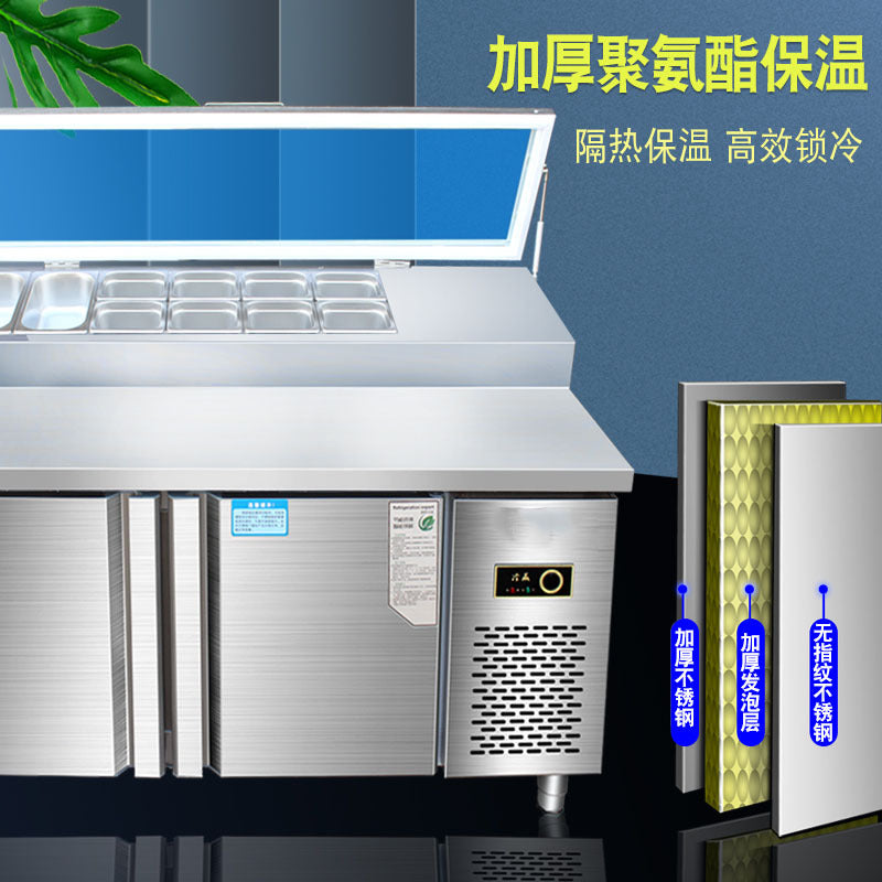 Freezer pizza sprinkling table slotted salad table commercial fruit dessert freezer refrigerated display cabinet operating table