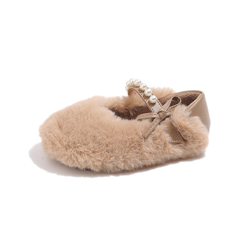 Pearl bow one-word with velvet light mouth fluffy cotton shoes 2024 winter new lazy one-pedal Doudou shoes