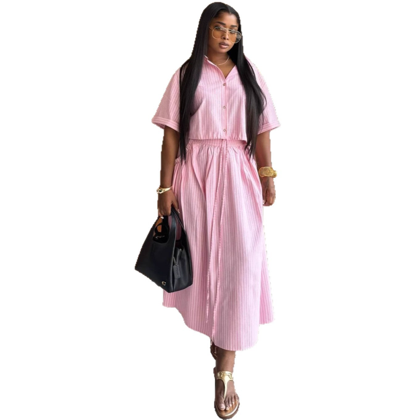 European and American lapel striped short-sleeved cardigan shirt high waist slim-fitting strap skirt African new fashion two-piece set