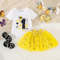 Amazon european and american summer cute princess dress for infants and toddlers - printed short-sleeve top + bowknot mesh skirt + headband