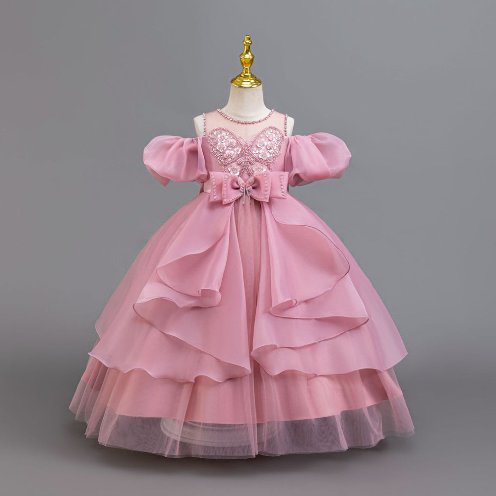 New in stock puff sleeve children's dress sequin wedding dress princess dress girls performance dress kids dress
