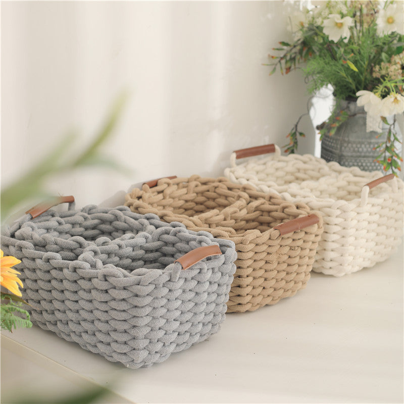 Leather handle twin sundries with handle cotton rope woven storage basket size cosmetics lipstick storage box eyeshadow