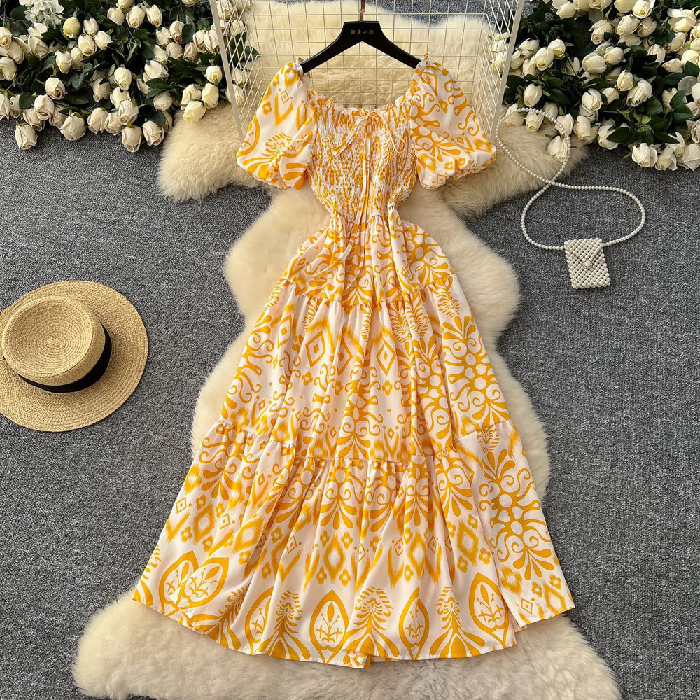 French retro square neck puff sleeve printed dress - women's  summer slimming a-line maxi dress