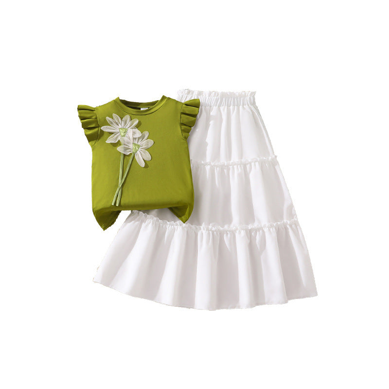 girls' outfit:  summer new style - kids' chic 3d floral flutter sleeve top and skirt two-piece set