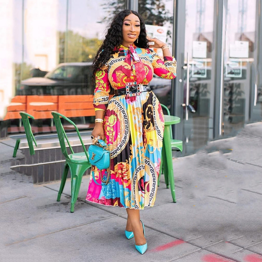 spring/summer new arrival: african print midi dress with bow collar and three-quarter sleeves - plus size women's clothing