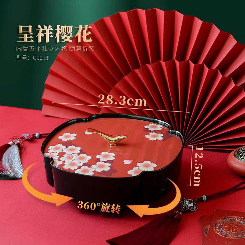 Chinese-style red rotating dried fruit box, household high-end housewarming, Chinese New Year grid fruit plate, living room snacks, melon seeds display plate
