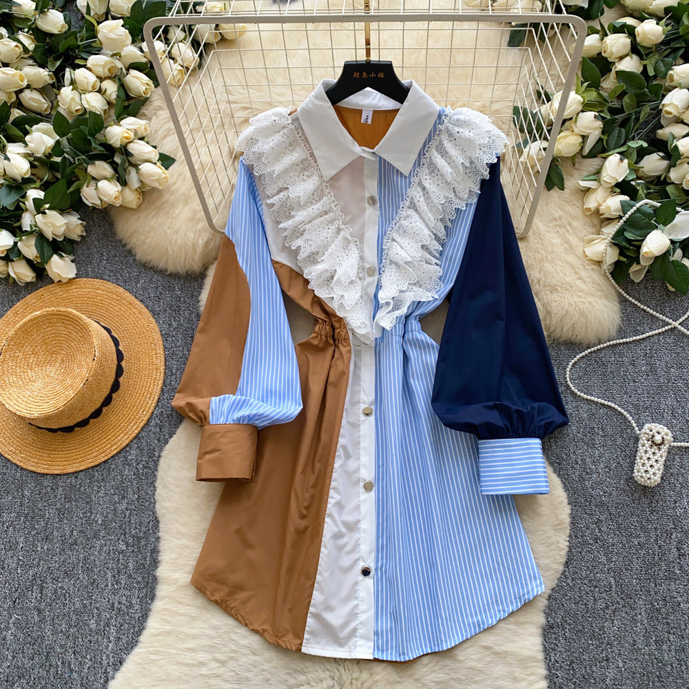 Vintage patchwork two-piece look shirt dress - women's summer long sleeve striped cinched waist midi work dress