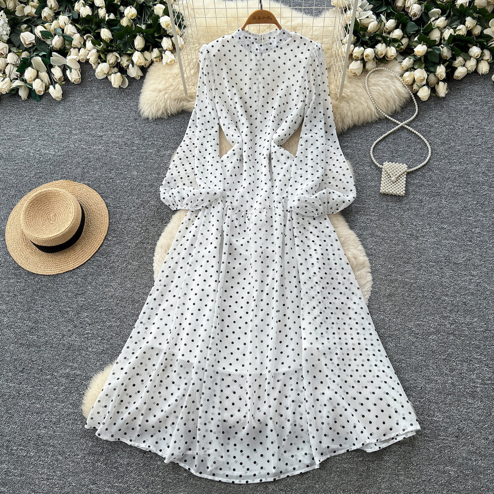 French chic stand collar lantern sleeve polka dot dress - women's slimming a-line maxi dress - autumn  new arrival