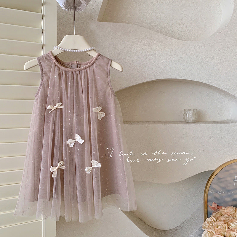 Girls' sleeveless 3d bow mesh dress - princess style summer dress for baby girls and toddlers - sweet and adorable