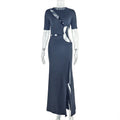 European and american style cross-border elegant women's fashion hollow-out slit socialite irregular skirt round neck solid color pleated dress
