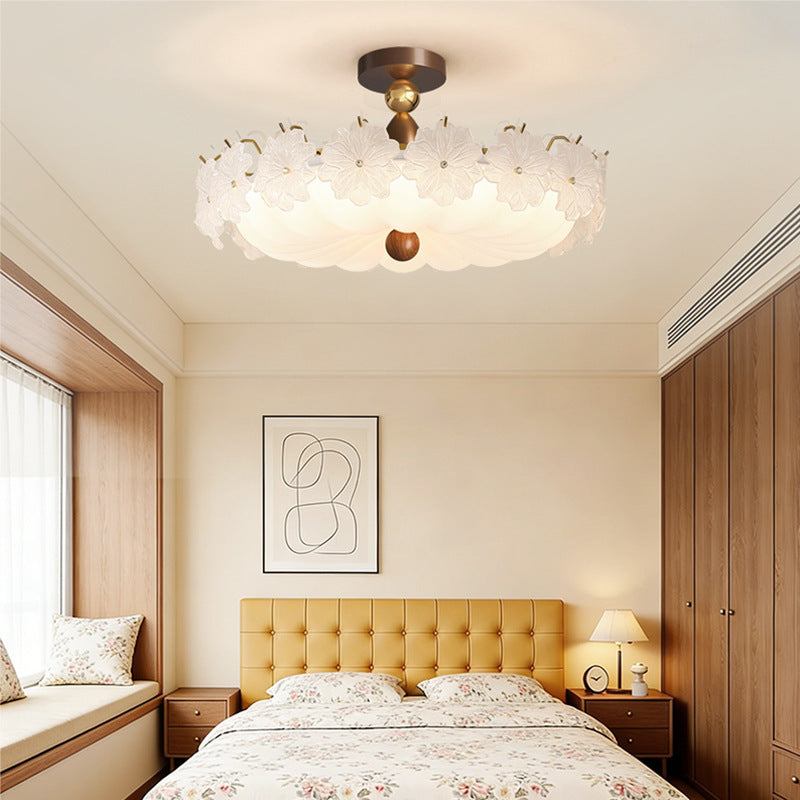 French retro embossed glass flower round ceiling light - walnut wood, soft light, cream style - perfect for kids' rooms and bedrooms