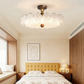 French retro embossed glass flower round ceiling light - walnut wood, soft light, cream style - perfect for kids' rooms and bedrooms